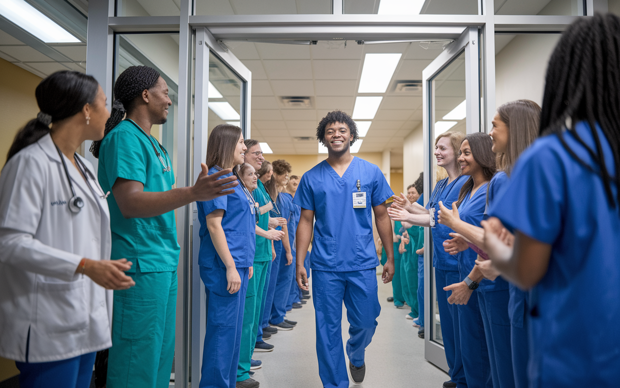 An image capturing the bustling atmosphere of a hospital on a first day of residency, focusing on a new resident in scrubs arriving early. The scene showcases a diverse team of healthcare professionals greeting them with warm smiles at the entrance. Fluorescent lights shine brightly, creating an inviting environment. A sense of excitement and nervousness fills the air as the young resident prepares for their new journey.