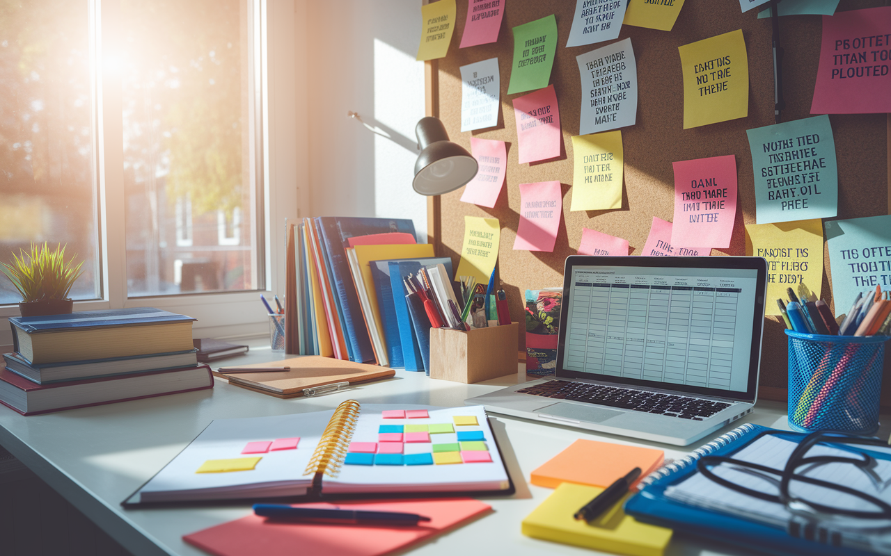 A desk filled with organizational tools for a new medical resident: a planner open with colorful sticky notes, a laptop displaying a schedule, and a bulletin board filled with inspirational quotes. Sunlight streams through the window, illuminating the workspace filled with medical books and resources. The atmosphere is one of determination and preparedness for a successful residency experience.