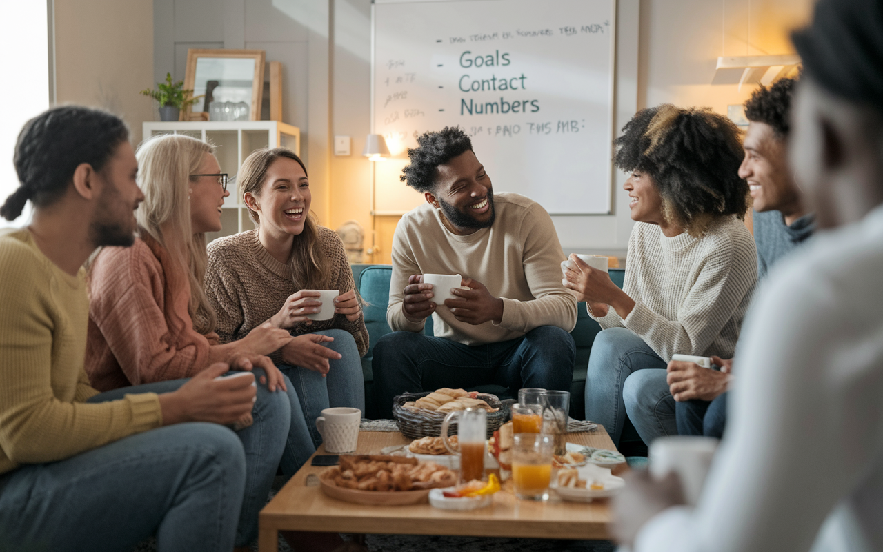 A cozy living room setting where a group of new residents are gathered for a social gathering. They're laughing, sharing advice, and connecting over snacks and drinks. The warmth of the room is highlighted by soft lighting, emphasizing friendship and support. A whiteboard in the background lists 'Goals' and 'Contact Numbers', showcasing the collaborative spirit among them.