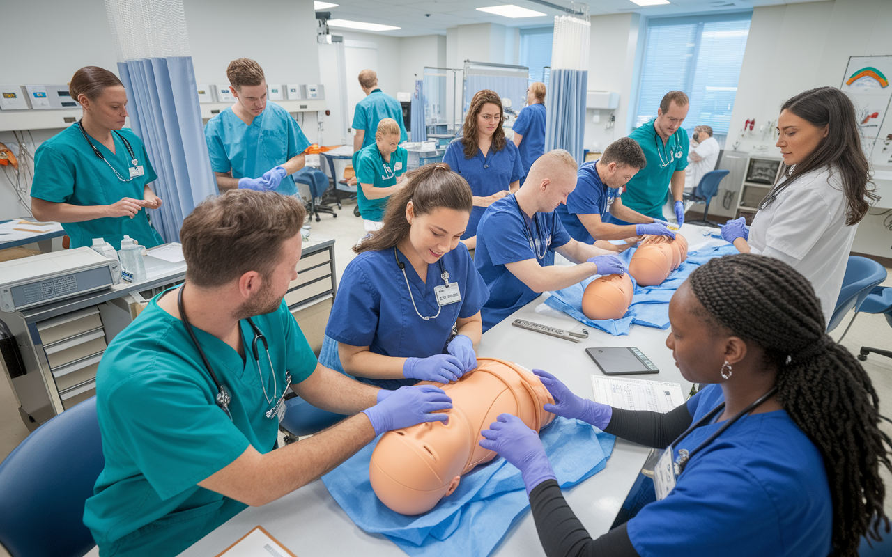 A dynamic hospital training room filled with new residents in scrubs engaged in a skills lab. They're practicing hands-on procedures with simulators and dummies, surrounded by instructors offering guidance. The room is bright and well-equipped, with various medical tools and charts visible. Excitement and focus are depicted on their faces, highlighting the commitment to learning and improving clinical skills.