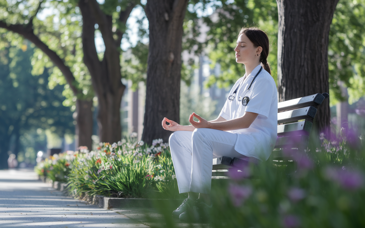 A new medical resident taking a break in a serene park, practicing mindfulness or meditation. The scene shows them sitting on a bench, eyes closed, with tall trees and colorful flowers surrounding them. Sunlight dapples through the leaves, creating a peaceful atmosphere. The image conveys a sense of calm, emphasizing the importance of mental health and self-care in the demanding life of residency.