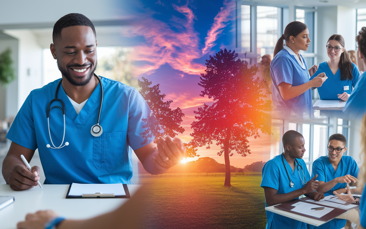 A collage of images capturing the essence of a successful residency: a confident medical resident in scrubs attending to a patient, engaged faculty giving a lecture, and a group of residents interacting in a collaborative setting. The images are infused with vibrant colors, illustrating a bright future filled with promise and growth in medicine. A backdrop of a hospital symbolizes the setting where all these moments of learning and connection unfold.