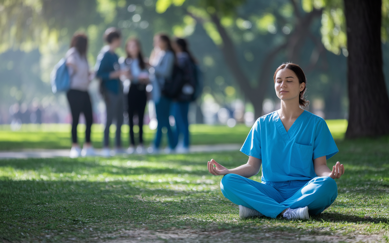 A serene scene depicting a medical resident practicing mindfulness in a peaceful park setting, surrounded by nature. The individual, dressed in scrubs, sits cross-legged on a grassy area with closed eyes, radiating calm and tranquility. Soft sunlight filters through the trees, casting gentle patterns on the ground. In the background, blurred figures of students converse, illustrating a vibrant yet tranquil atmosphere. The image conveys a sense of inner peace amidst an emotional transition.