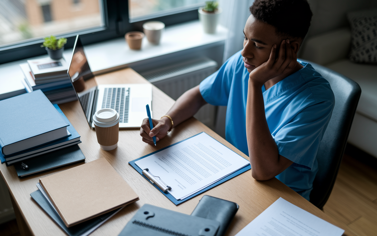 A focused scene showing a new medical resident at a neatly organized desk in their apartment, reviewing a residency agreement. The desk is cluttered with medical textbooks, a laptop, a coffee cup, and a pen. Natural light streams in through the window, illuminating the text of the agreement. The resident, dressed in casual attire, looks contemplative yet determined, symbolizing the blend of enthusiasm and seriousness toward their new role.