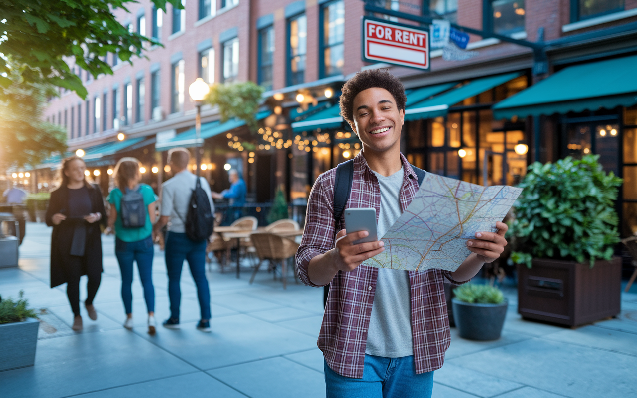 A lively scene showcasing a new resident evaluating different housing options in a bustling city neighborhood. Depicted is a young adult standing in front of a cozy apartment building with a ‘For Rent’ sign, holding a map in one hand and a smartphone in the other. The streets are vibrant with other young professionals, cafes, and greenery, illustrating the excitement and anxiety of moving to a new city. Bright evening light casts a warm glow, enhancing the hopeful ambiance.