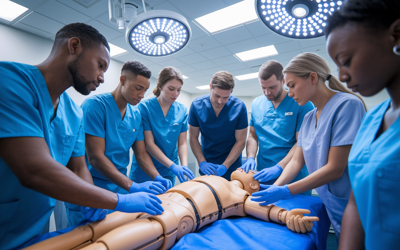 An engaging scene inside a medical simulation lab where residents practice clinical skills. A diverse group of residents in scrubs are gathered around a manikin, practicing advanced life support techniques with focused expressions. Medical equipment is scattered around, and a knowledgeable instructor guides them in the background. Bright, clinical lighting casts an atmosphere of professionalism and urgency, showcasing the importance of practical experience.