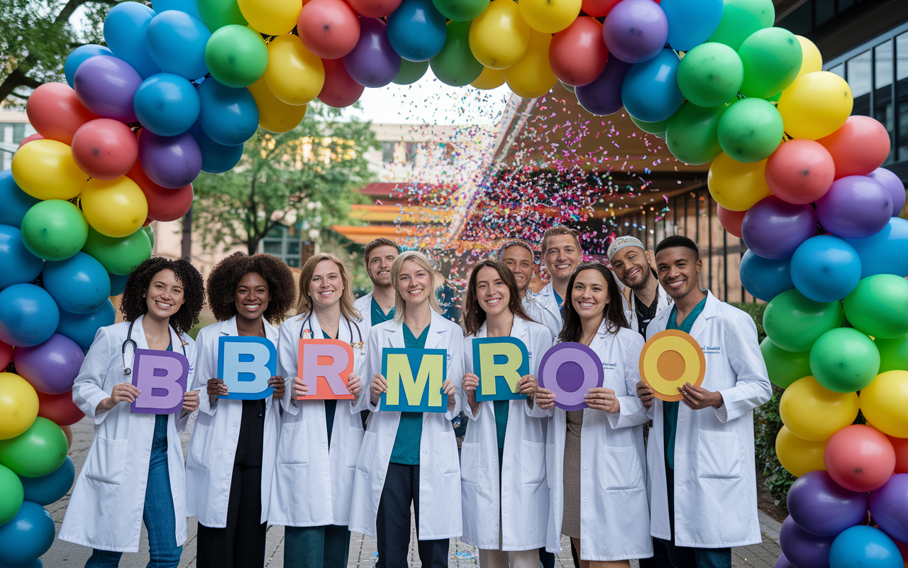 A triumphant scene of several newly matched medical residents celebrating together in a lively environment. They stand under a colorful balloon arch, holding their matching letters with proud smiles. Bright confetti fills the air, creating an atmosphere of joy and achievement in a celebratory outdoor setting. The diverse group of medical residents of various backgrounds highlights their unity and shared success, encapsulating the excitement of beginning their residency journeys.