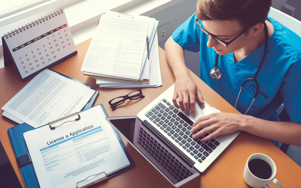 An organized workspace showcasing medical documents spread across a desk. A young medical student, dressed in scrubs, is intensely reviewing a stack of papers while filling out a medical license application form on a laptop. Nearby, a calendar displays deadlines, and a coffee mug adds a personal touch to the professional environment. The lighting is bright and inviting, creating an atmosphere of focus and determination. Digital painting style.