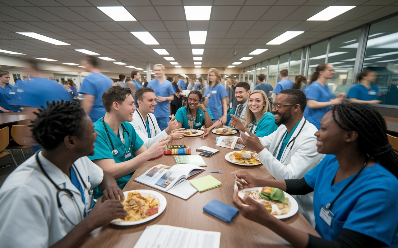 A diverse group of medical residents in a hospital cafeteria engaged in lively discussion over lunch. They’re laughing, sharing experiences, and exchanging contact information, with medical textbooks and journals scattered on the table. The hospital setting is bustling, with staff in scrubs passing by. Harsh fluorescent lights contrast with a warm, inviting atmosphere, showcasing camaraderie among the residents. Photorealistic style with dynamic composition.