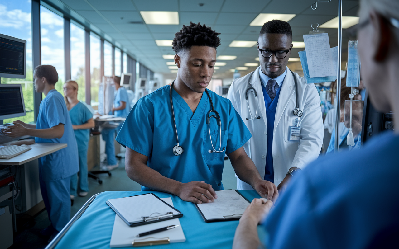 An aspiring doctor in a busy hospital ward, clad in scrubs and focused on a patient examination. The scene highlights the learning curve of residency, with a mentor observing closely, providing guidance. Medical equipment, notes, and monitors set the stage, with natural light filtering through large windows, symbolizing hope and growth. The emotions of eagerness and responsibility are palpable, enhanced by realistic details and a dynamic perspective.