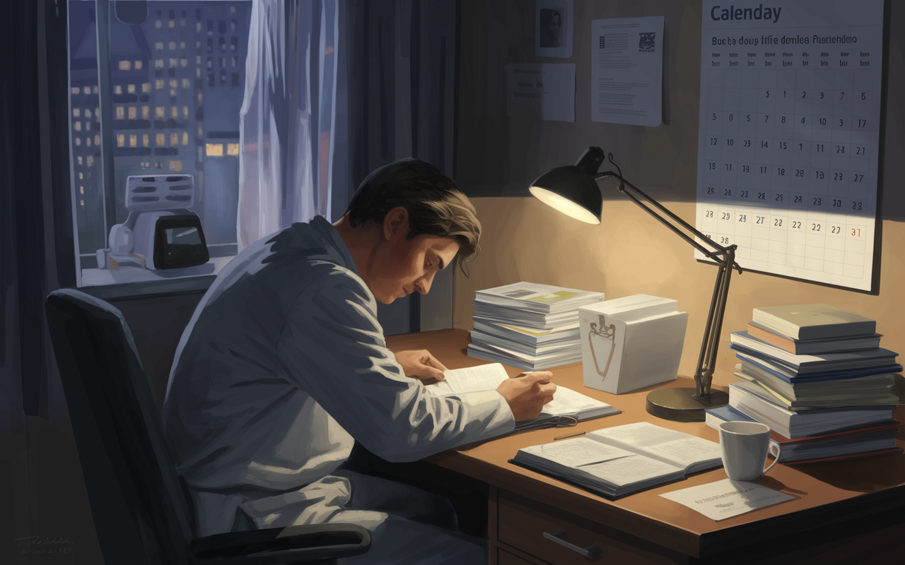 A solitary figure of a resident, visibly tired, sitting at a desk late at night surrounded by medical books and notes. The room is dimly lit, with a desk lamp casting a warm glow. A calendar on the wall shows busy days filled with patient care and study schedules. The atmosphere conveys the pressure of balancing work-life responsibilities, with an emotional undertone of perseverance and dedication. Digital painting style, focusing on the individual's expression and environment.