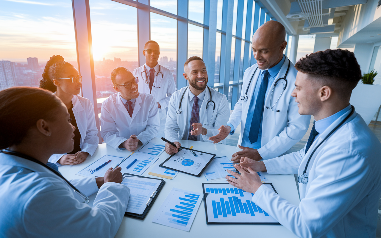 A group of medical professionals gathered in a modern office space, discussing future career options post-residency. Charts, graphs, and portfolios are displayed on tables while a seasoned physician shares insights with younger doctors. The setting is bright and formal, emphasizing professionalism and ambition, highlighted by a sunset glow from large windows. The atmosphere blends collaboration and opportunity, reflecting the excitement of future possibilities. Photorealistic style with sharp, clear details.