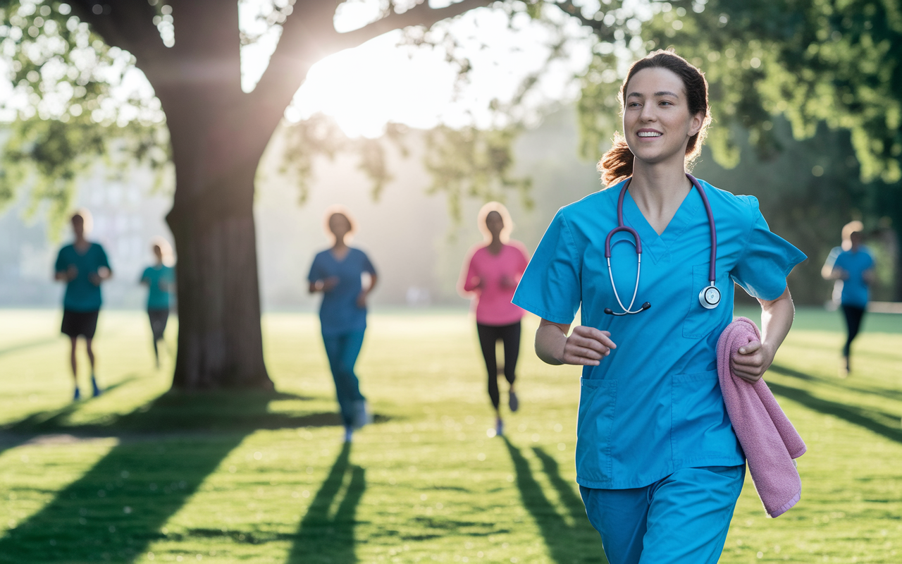 A serene scene of a medical resident jogging in a park during the early morning sun, with stethoscope draped around the neck and a towel in hand. The park is lively with others exercising, showcasing the importance of maintaining a healthy work-life balance. The warm glow of the rising sun adds a hopeful atmosphere, symbolizing self-care and resilience. Vibrant, colorful scene with a focus on the individual’s enjoyment and energy.