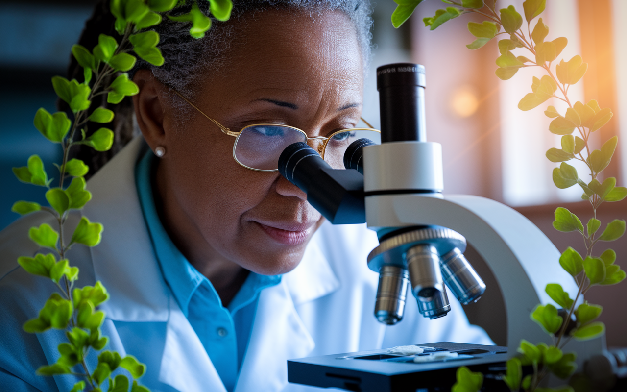 A close-up view of a compassionate medical researcher looking through a microscope, surrounded by lush green plants symbolizing life and growth. The researcher, a middle-aged woman with glasses, has an expression of deep curiosity and compassion as she examines slides with cellular structures. The warm light filtering through a window adds a soft touch to the atmosphere, conveying the hope and dedication involved in medical research.