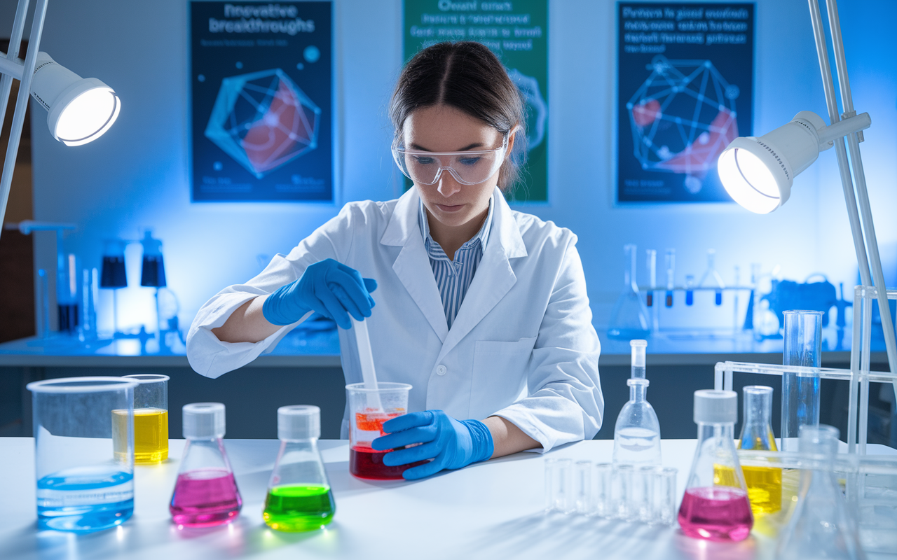 An inspiring scene where a female scientist, deeply focused, is working on a laboratory experiment. She mixes colorful reagents in a beaker while surrounded by scientific posters showcasing innovative medical breakthroughs. The lab is filled with various lab equipment and bright lights, creating a dynamic and forward-thinking atmosphere that embodies the spirit of innovation driven by passion.