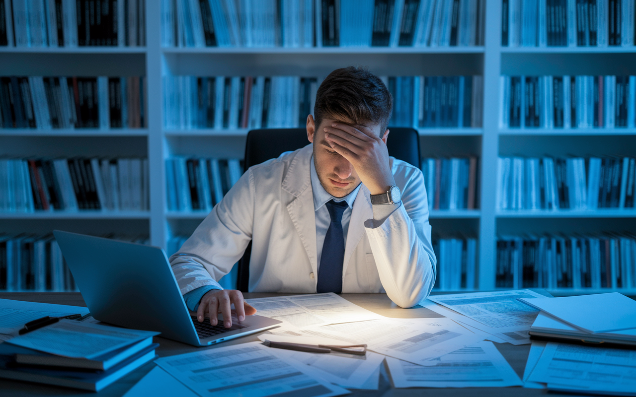 A medical researcher sitting at a desk cluttered with documents and research papers, reviewing data on a laptop. The individual shows signs of fatigue but determination, illuminated by the soft glow of the screen, symbolizing resilience. The background is filled with shelves of medical books, emphasizing the challenging yet rewarding journey of medical research.