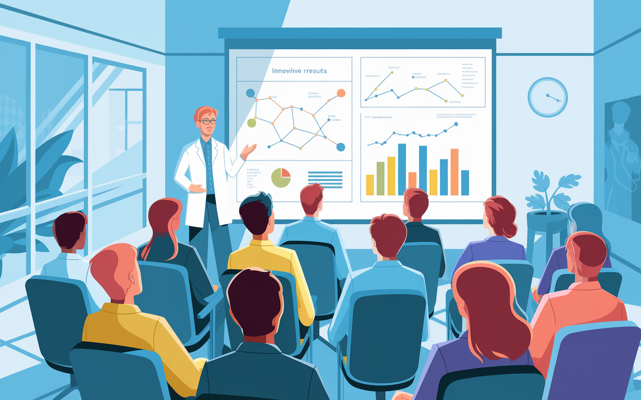 A bright and optimistic scene where a researcher presents innovative therapy results to a team in a modern conference room. Charts displaying interconnected health data are projected on a screen, and the audience is captivated. The room is filled with positive energy, showcasing collaboration and the impactful outcome of research guided by passion.