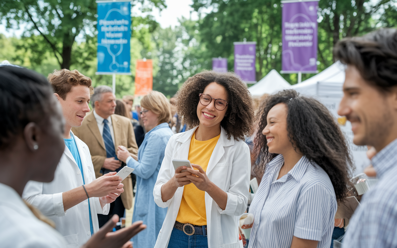 A community health fair scene where passionate researchers are engaging with local residents, offering free health screenings and spreading awareness on health issues. The atmosphere is vibrant and hopeful, with banners promoting healthy living. The diversity of participants highlights inclusivity and the impact of public health initiatives driven by medical research.