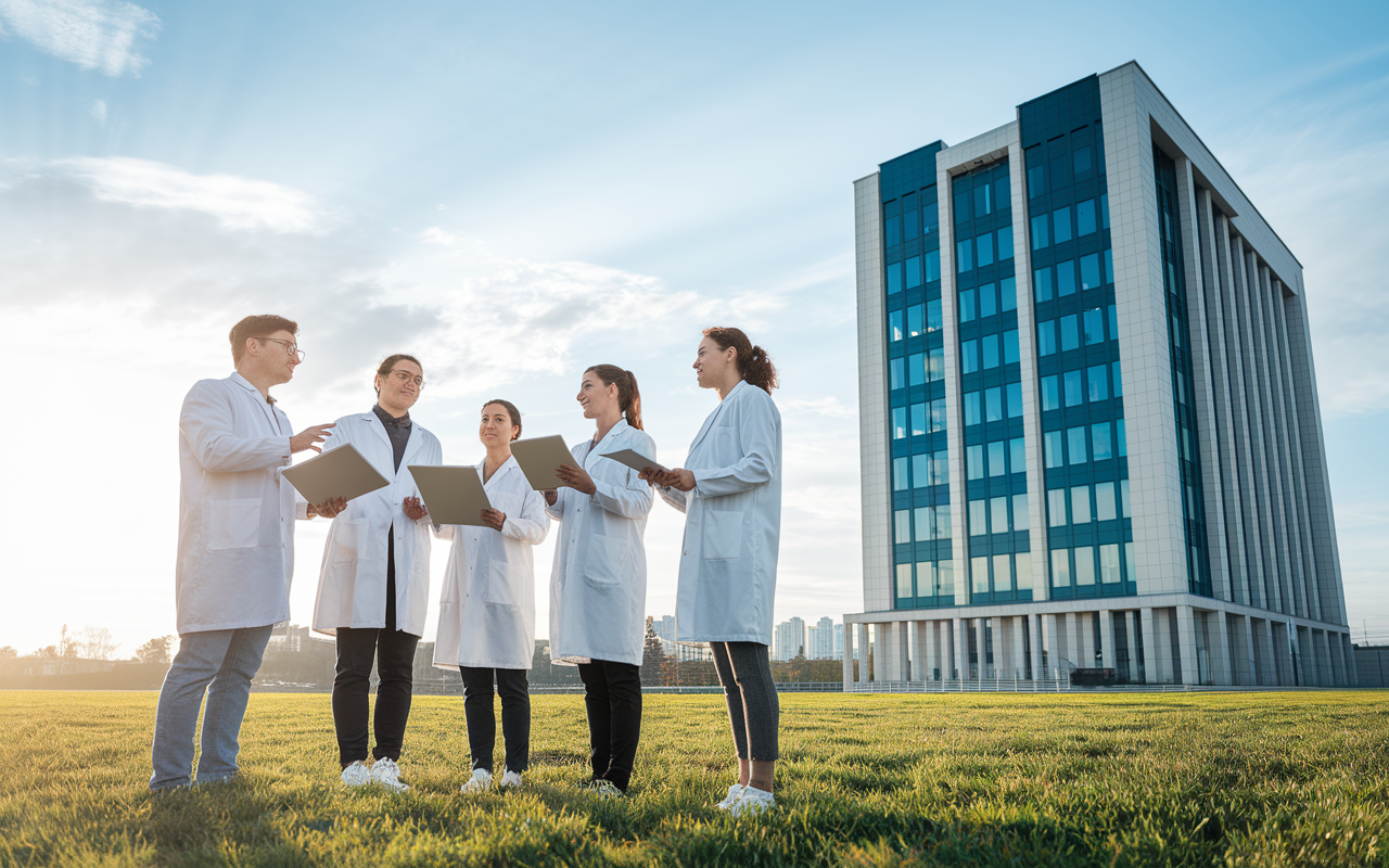 A hopeful landscape showing a team of researchers outdoors under a bright sky, discussing ideas with paper drafts and tablets in hand. They stand in front of a large building representing a research institute, embodying the bright future of healthcare innovations. The scene conveys collaboration flowing naturally, emphasizing the fusion of passion and science.