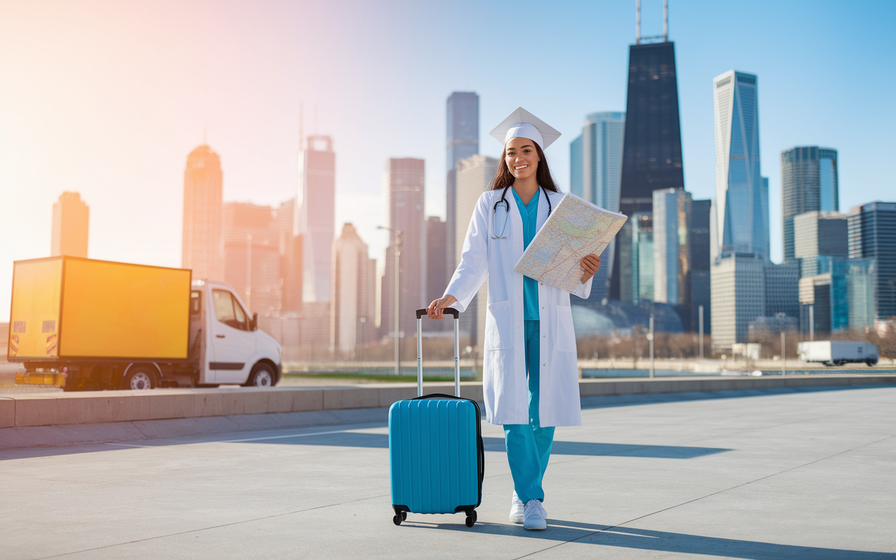 A young medical graduate with a suitcase and a map, standing in front of a bustling city skyline representing a new chapter. The atmosphere is bright and optimistic, showcasing a blend of urban architecture and nature. Scenes of moving boxes and transport vehicles signify the transition. The sky is clear, symbolizing new beginnings, with warm sunlight illuminating the setting, invoking a hopeful mood.