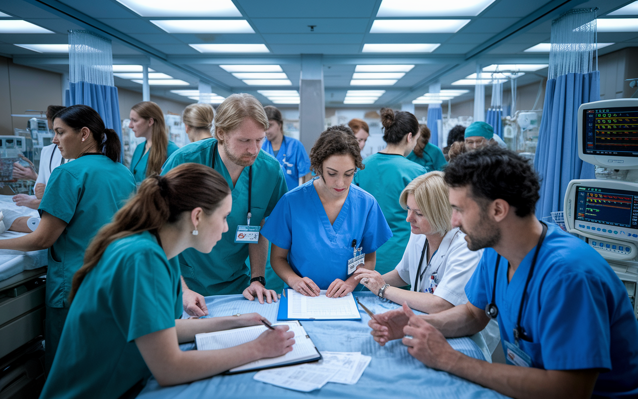 A bustling hospital environment with residents in scrubs working together during a long shift. The scene shows a flurry of activity with nurses and doctors consulting over a patient chart, with medical equipment in the background. The lighting is bright and clinical, capturing the essence of dedication and teamwork. Emotional expressions of focus, urgency, and collegiality among the residents create a vibrant scene.