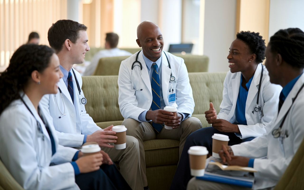 A small group of first-year residents sharing a light moment in a hospital break room, surrounded by coffee cups and medical textbooks. The atmosphere is relaxed and supportive, with smiles and laughter indicating strong camaraderie. The room is softly lit, evoking a sense of comfort and community amidst the challenging residency environment.