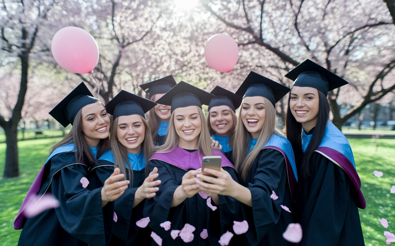 A group of young medical graduates in graduation gowns, happily hugging and cheering in a park under blossoming cherry trees. Balloons and flower petals scattered around, with joyous expressions as they capture the moment with a smartphone. The bright sky illuminated with soft sunlight, conveying a sense of achievement and camaraderie among friends.