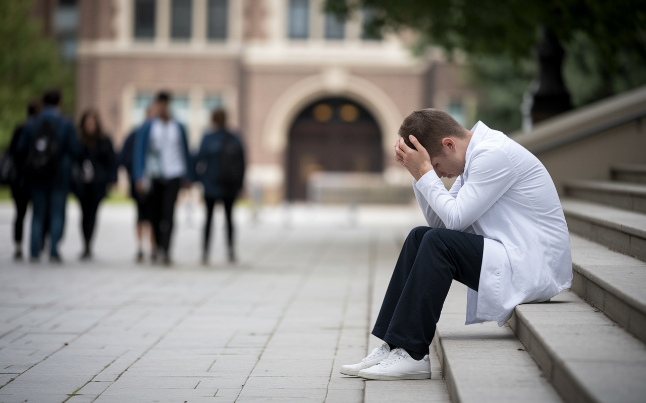 A solitary medical student sitting on the steps outside of a university building, head in hands, visibly distressed. The scene captures the emotions of disappointment and uncertainty as a blurred background represents an active campus, which contrasts with their isolated state. A muted color palette conveys a sense of reflection and introspection.