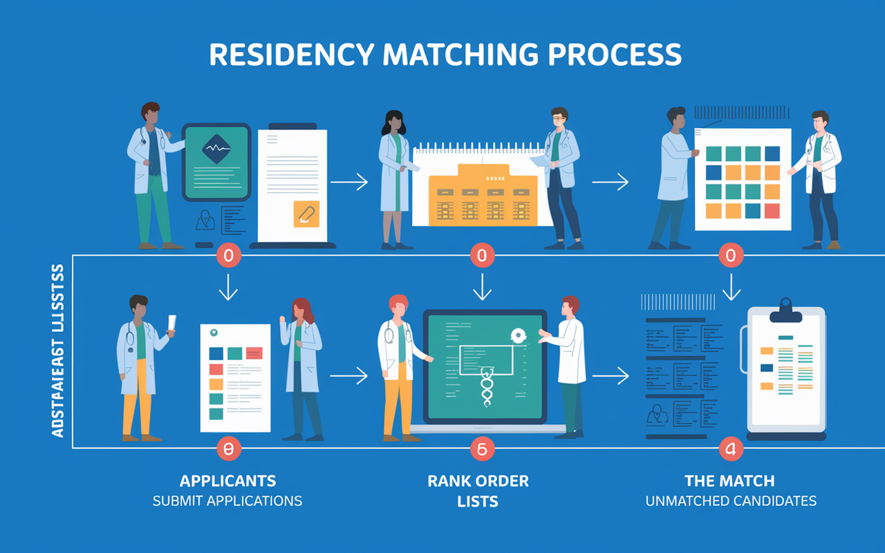 An infographic-style illustration depicting the residency matching process. The scene includes an animated flowchart showing the stages: 'Applicants Submit Applications', 'Rank Order Lists', 'The Match', and 'Unmatched Candidates'. Each stage is visually represented with icons of medical professionals, paper applications, and algorithm symbols. The colors are vibrant and engaging, designed to simplify and clarify the complex process of matching in medical residencies.