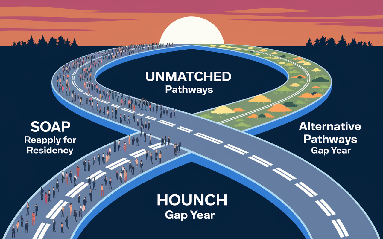 A detailed visualization of various pathways for unmatched medical graduates. The scene shows a crossroads with multiple paths branching off, each labeled: 'SOAP', 'Reapply for Residency', 'Alternative Pathways', 'Gap Year'. Each path is depicted differently—a vibrant road filled with people representing SOAP, a solemn path for reapplying, a varied scenic route for alternative careers, and a calm pathway symbolizing a gap year. The background features a sunset, symbolizing hope and new beginnings.