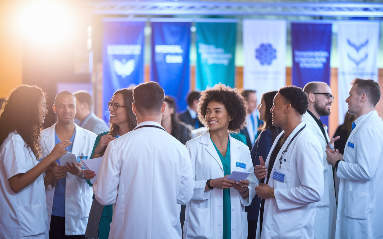 A vibrant scene showing a diverse group of medical graduates at a networking event. Individuals are engaged in conversation, sharing experiences, and exchanging contact information. The backdrop features banners of medical organizations and the ambiance is filled with warmth, hope, and inspiration. Soft, ambient lighting creates a welcoming environment, highlighting the power of community and support in the medical field.