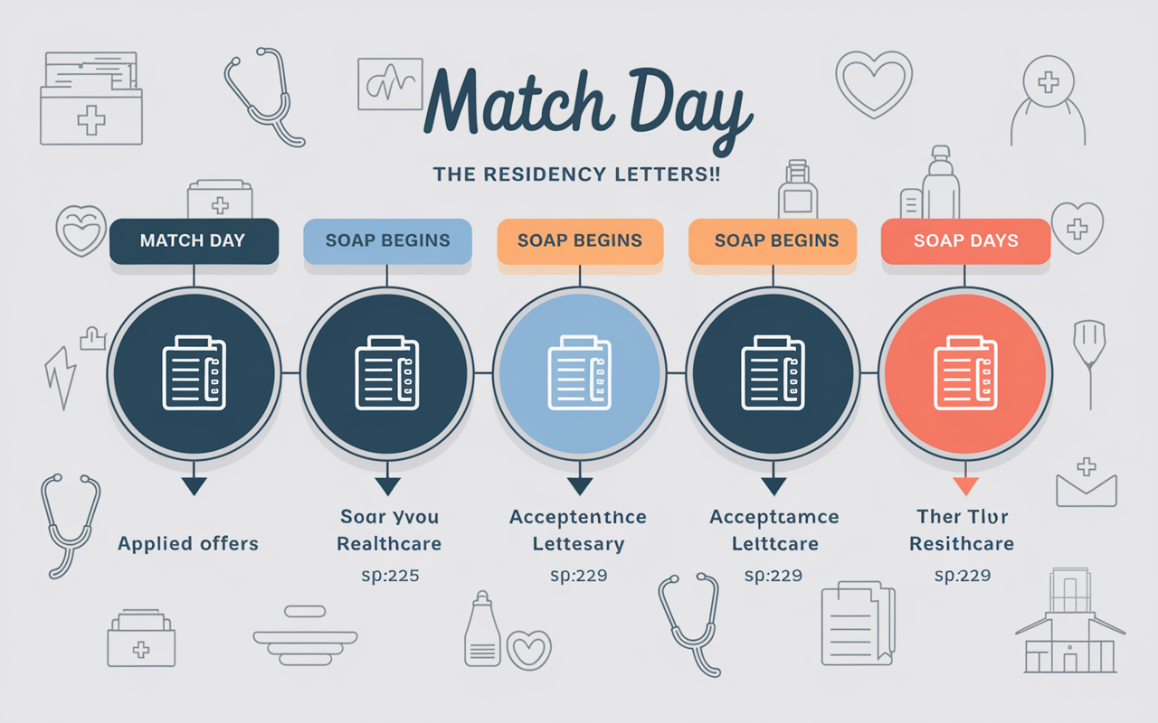 A detailed timeline graphic illustrating the stages of the SOAP process: Match Day, SOAP Begins, and then three distinct SOAP Days. Each phase is shown with icons representing applied offers, acceptance letters, and time indicators. The background features a medical theme with subtle images of stethoscopes and healthcare symbols, symbolizing the urgency and importance of the residency match process.