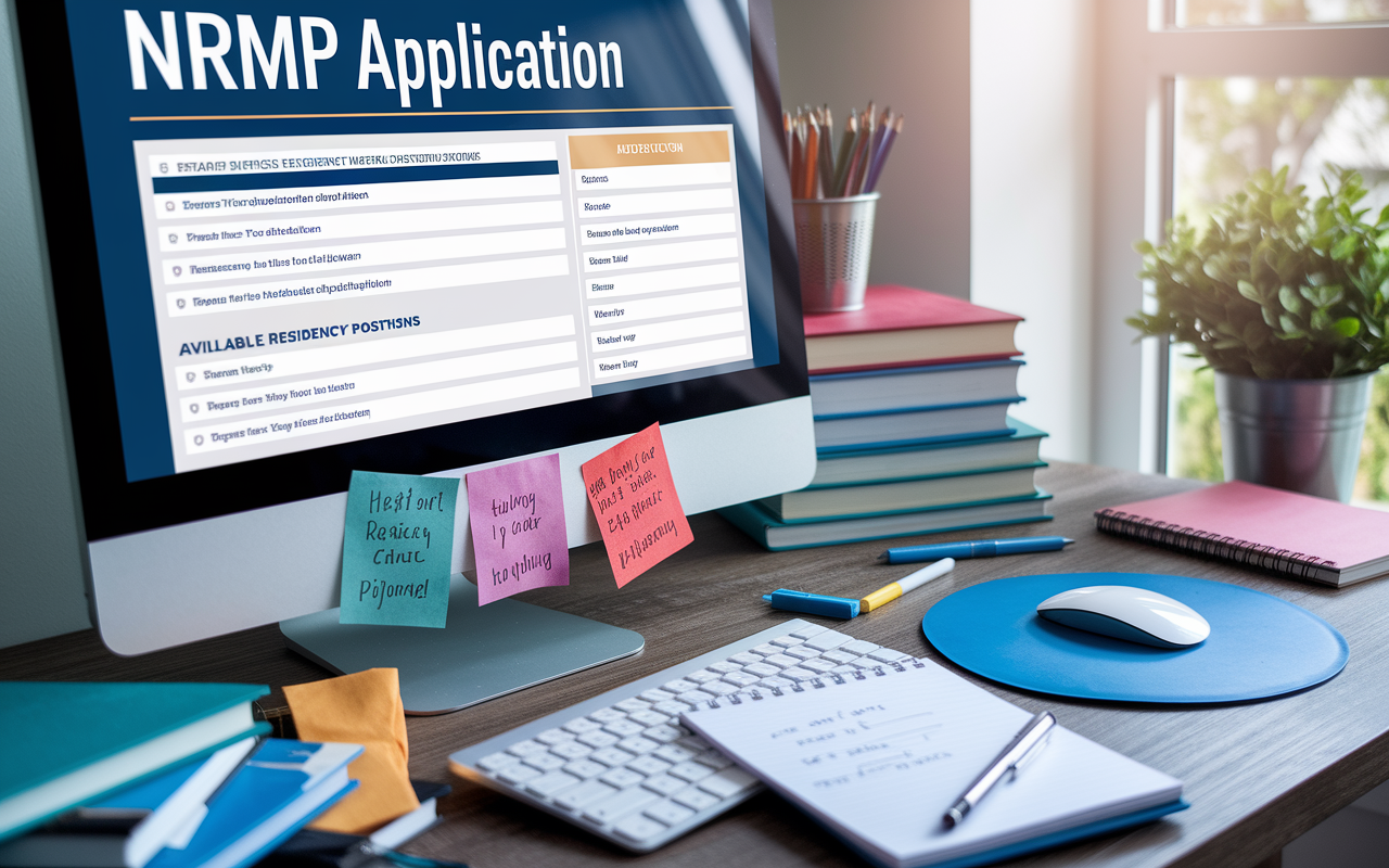 A close-up view of a computer screen displaying a mock NRMP application interface. The screen shows detailed program descriptions and application forms, with a scrolling list of available residency positions. The desk is filled with medical textbooks, a notepad with handwritten notes, and a pen. The room is illuminated by natural light coming from a window, creating a hopeful atmosphere.