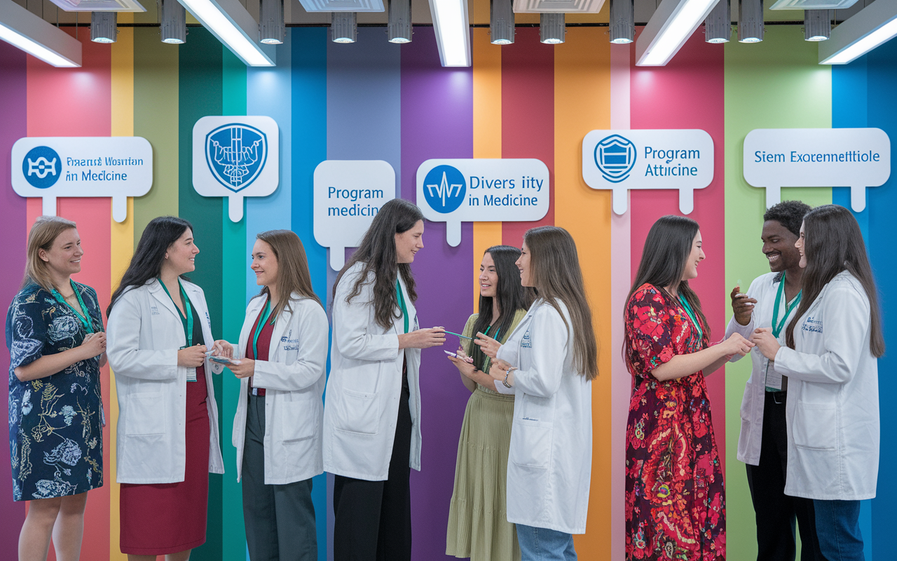 A vibrant scene depicting a group of medical students engaged in a networking event, exchanging ideas and background information near a display wall with program logos. Each student showcases different cultural attire, symbolizing diversity in medicine. The atmosphere is lively and interactive, with colorful lighting and decor enhancing the sense of collaboration and connection.