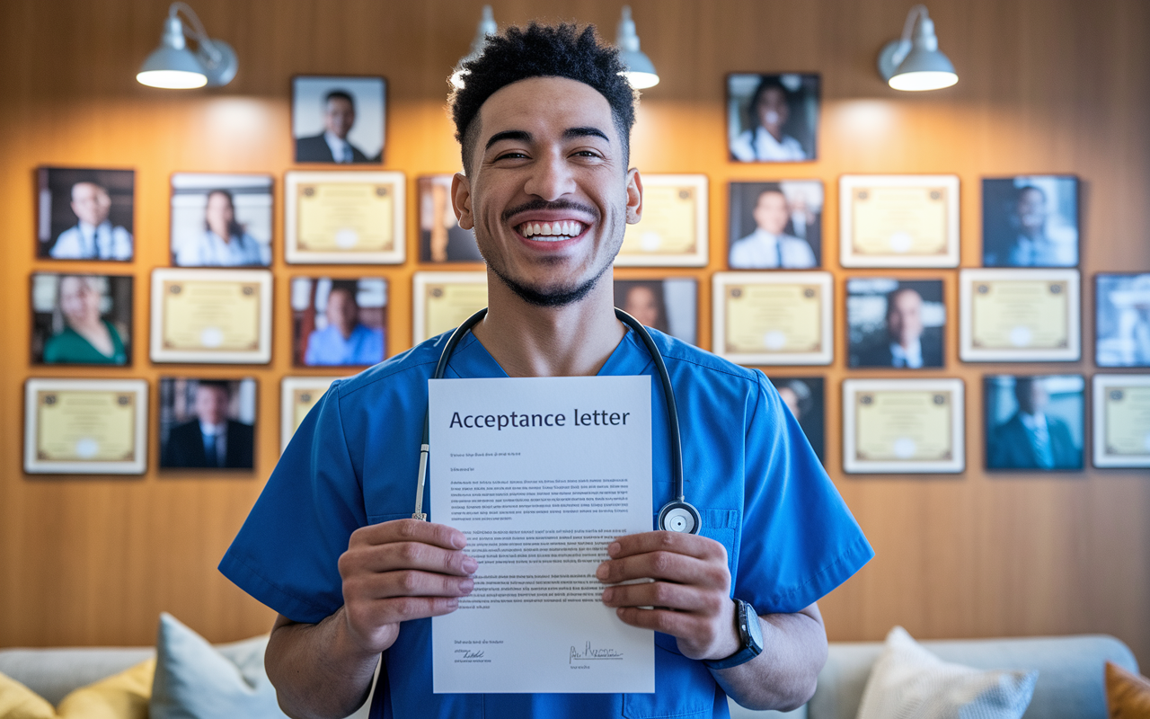 A joyful scene of Max, a young medical graduate, celebrating his acceptance into a residency program. He stands indoors, holding an acceptance letter with a huge smile on his face. The background features a wall adorned with medical degree certificates and photographs of his medical journey, symbolizing triumph and success. Warm, bright lighting envelops the scene, reflecting his excitement and fulfillment.