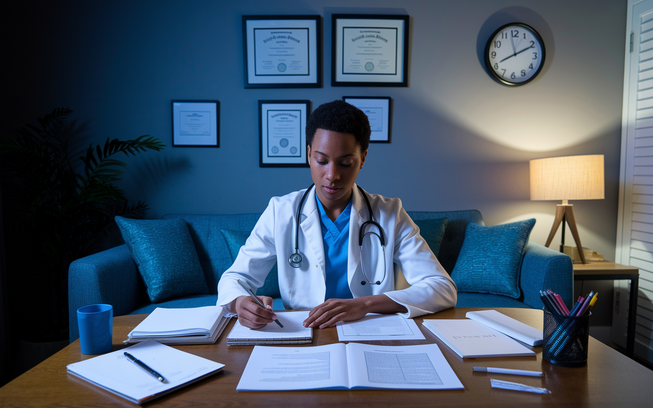 A medical graduate engaged in a self-assessment session at home, surrounded by application materials, notes, and a critical reflection guide. The setting is a well-lit room adorned with medical diplomas on the wall, and the graduate's focused expression reveals their determination to succeed. A wall clock shows late evening, reinforcing the notion of late-night dedication. The atmosphere is one of introspection and resolve, with shadows adding depth to the scene.