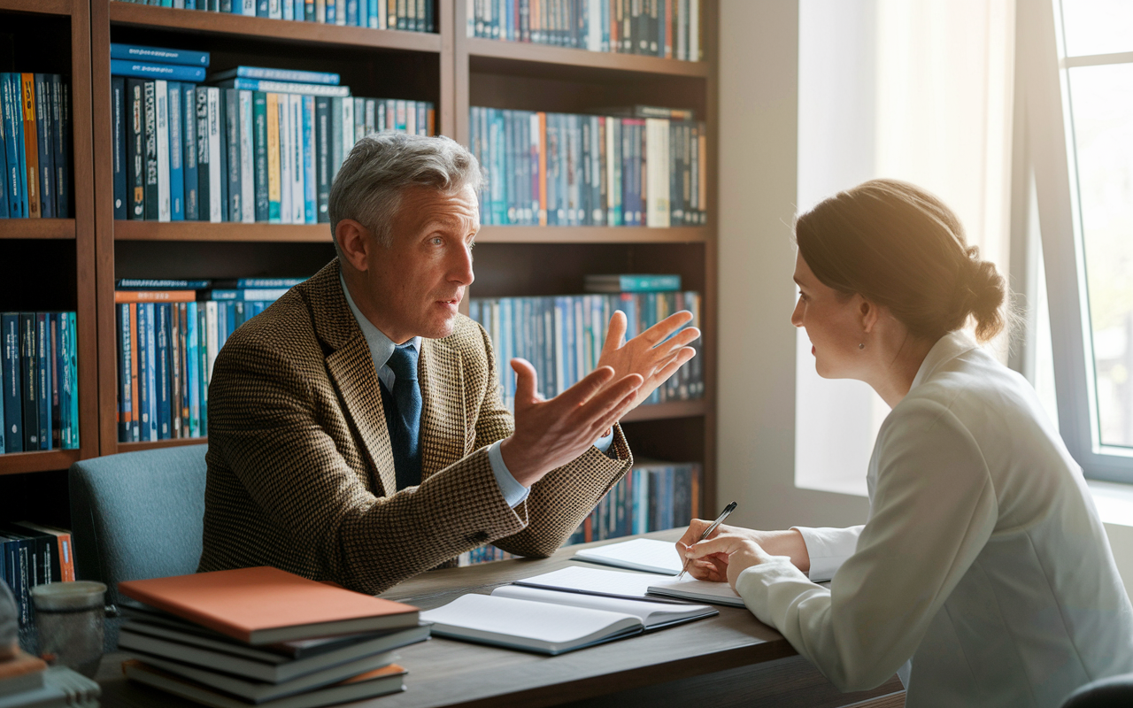 A medical graduate having a one-on-one discussion with a mentor in a cozy office setting filled with books and medical literature. The mentor, an experienced physician in a tweed jacket, gestures earnestly while the graduate listens intently, taking notes. The shelves are filled with medical journals and personal development books. The natural light streaming through a window creates an inviting atmosphere of support and mentorship.