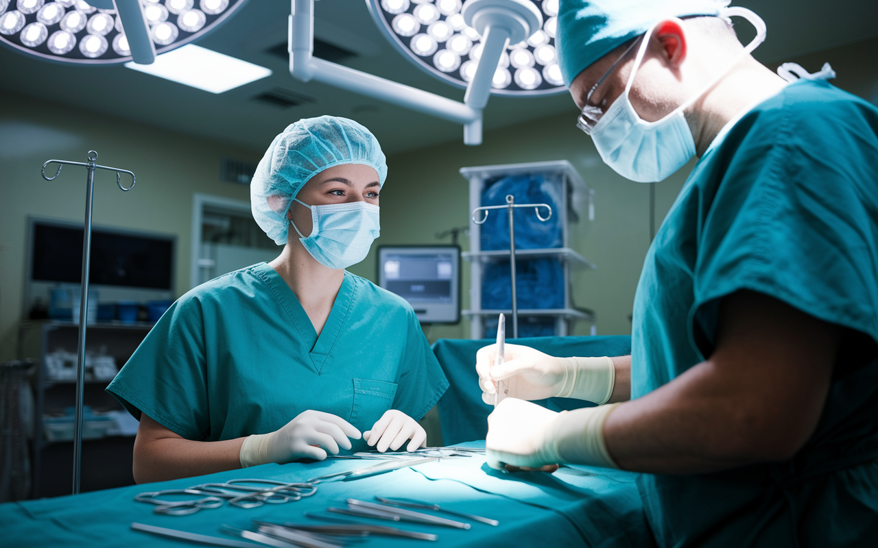 A medical graduate in scrubs during a clinical rotation, attentively observing a surgical procedure. The operating room is bright and sterile, with surgical instruments neatly organized. The graduate’s expression is one of curiosity and eagerness to learn, immersed in the environment. An experienced surgeon demonstrates a technique, and the atmosphere conveys professionalism, learning, and dedication to the medical field.