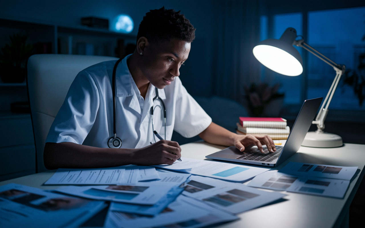 A focused medical graduate sitting at a desk late at night, typing on a laptop as they revise their personal statement. The room is filled with scattered papers and notes showcasing their journey, illuminated by a soft desk lamp. The graduate shows a blend of determination and passion, reflecting genuine enthusiasm in their expression as they craft their narrative. The scene encapsulates the effort involved in shaping a compelling story.