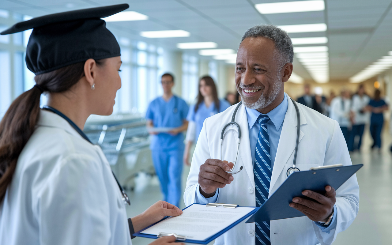 A medical graduate meeting with a supervisor in a hospital environment, discussing letters of recommendation. The supervisor, a middle-aged physician with a warm smile, gives advice while reviewing notes on a clipboard. The hospital background is bustling with activity, symbolizing the healthcare environment. The atmosphere conveys professionalism and the importance of nurturing relationships for career growth.