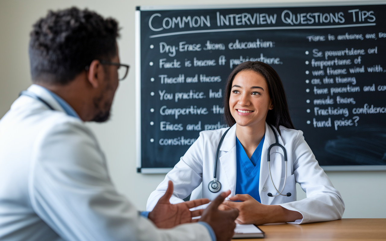 A medical graduate participating in a mock interview, seated across from a mentor in a traditional office setting. The mentor, an experienced physician, provides constructive feedback. A dry-erase board is filled with common interview questions and tips. The atmosphere is supportive and educational, emphasizing the importance of practice in building confidence and poise.