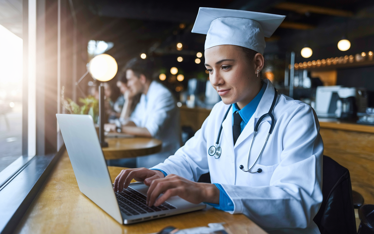 A medical graduate updating their LinkedIn profile on a laptop in a modern coffee shop. They look engaged and focused, highlighting their skills and experiences. The vibrant atmosphere of the coffee shop, with other professionals working around, creates a sense of community and networking potential. A light from the window illuminates the scene, symbolizing openness and opportunity in the medical field.