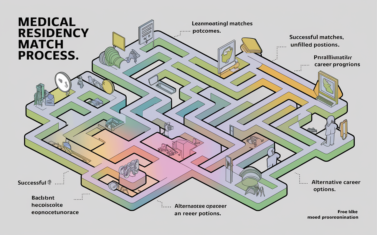 A detailed infographic illustrating the medical residency match process. The central theme is an intricate maze representing the challenges of the NRMP, with pathways leading to various outcomes: successful matches, unfilled positions, and alternative career options. Iconic images like stethoscopes, books, and graduation caps are integrated into the pathways to signify career progression. A subtle color gradient reflects the emotional spectrum of hope, frustration, and determination. The maze should appear engaging, educational, and visually clear, emphasizing the complexity of the match landscape and the need for alternative options.