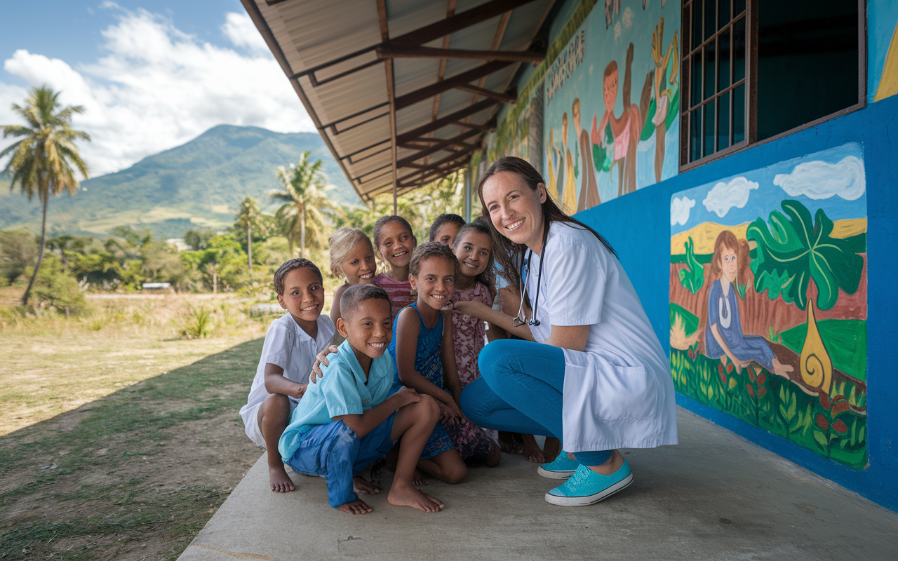 A young medical graduate, Dr. Sarah, volunteering in a rural Honduran community clinic. She is kneeling beside a group of children, illustrating care and compassion, with a vibrant local landscape in the background featuring tropical trees and mountains. The clinic is adorned with colorful murals depicting health awareness themes. The scene is bright, filled with warm sunlight and smiles, showcasing the profound impact of her volunteer work on the community and her own growth. This imagery captures her rediscovery of passion for medicine through service, fostering cultural understanding and personal development.