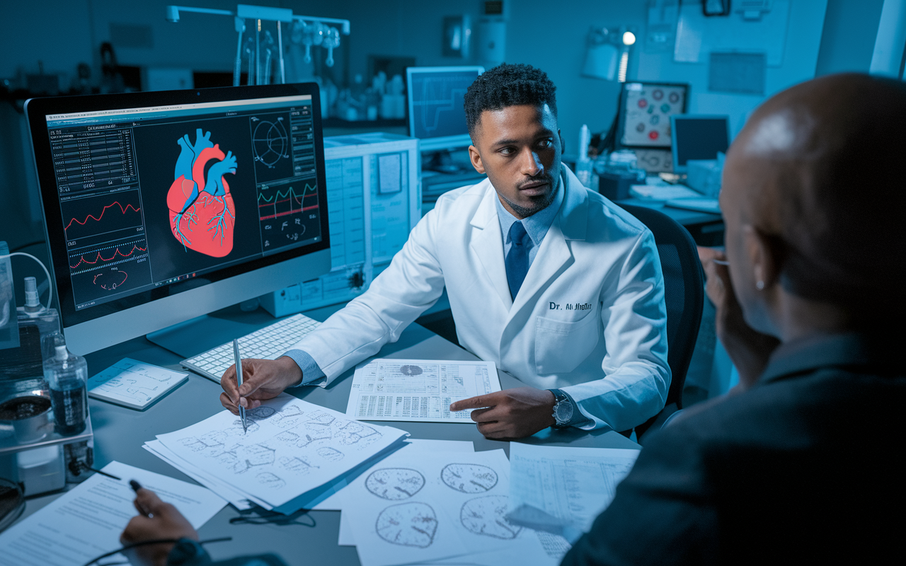 An international medical graduate, Dr. Amir, working diligently as a research assistant in a cutting-edge cardiology lab. The scene showcases him surrounded by advanced scientific equipment, papers filled with complex diagrams of the heart, and a computer screen displaying trending research data. He is actively engaged in discussion with a mentor, depicting collaboration and knowledge exchange. Dim yet focused lighting emphasizes the laboratory's serious atmosphere, embodying the hard work and dedication involved in enhancing one's credentials for future applications.