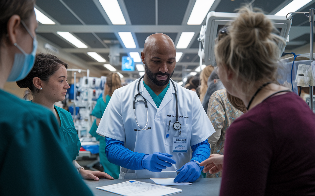 A compassionate locum tenens physician engaged in a bustling emergency room setting, providing care to patients with a diverse background. The scene captures dynamic interactions with nurses and patients, with vibrant medical charts and equipment around. Bright fluorescent lights create a sense of urgency and commitment, illustrating the physician's adaptability and dedication to medicine in various environments. An emotional connection is prevalent as the physician's face expresses empathy and focus, symbolizing the impact of temporary roles in advancing career and clinical skills.