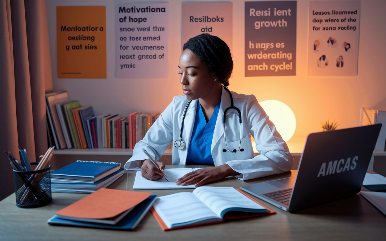 A determined medical graduate sitting at a desk, surrounded by application materials, textbooks, and a laptop with the AMCAS application opened. The room is filled with motivational posters, highlighting resilience and growth. The graduate, focused and writing notes, embodies an aura of dedication and hope for the next match cycle. Warm, ambient lighting casts a comforting glow, accentuating a sense of purpose. The atmosphere captures a moment of intense preparation, where lessons learned from previous experiences shape a renewed strategy for success.