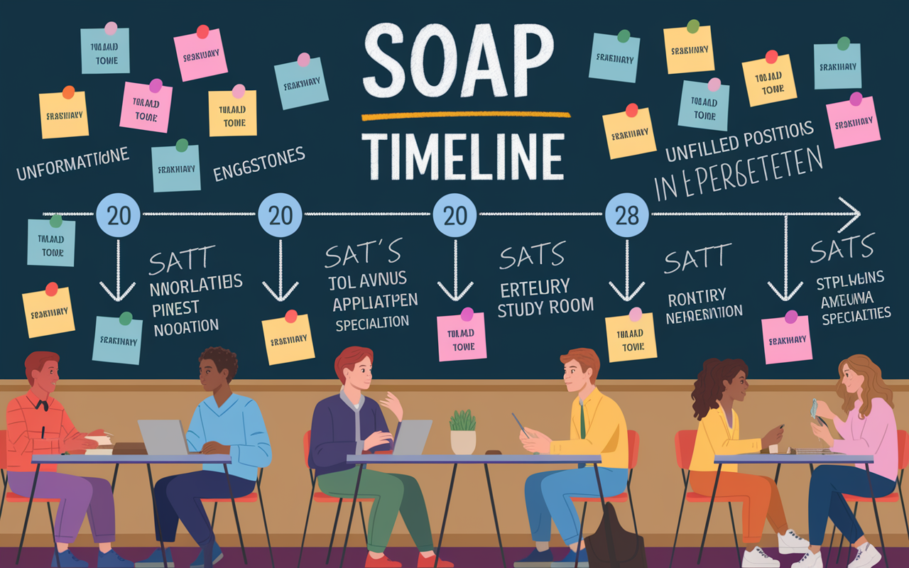 A visual representation of the SOAP timeline illustrated on a chalkboard, with dates and arrows indicating the flow of the application process and key milestones. Around the board, there are sticky notes and colorful pins that demonstrate unfilled positions in various specialties, making it informative and engaging. The atmosphere of a bustling study room is present, with students discussing strategies and ideas at nearby tables.