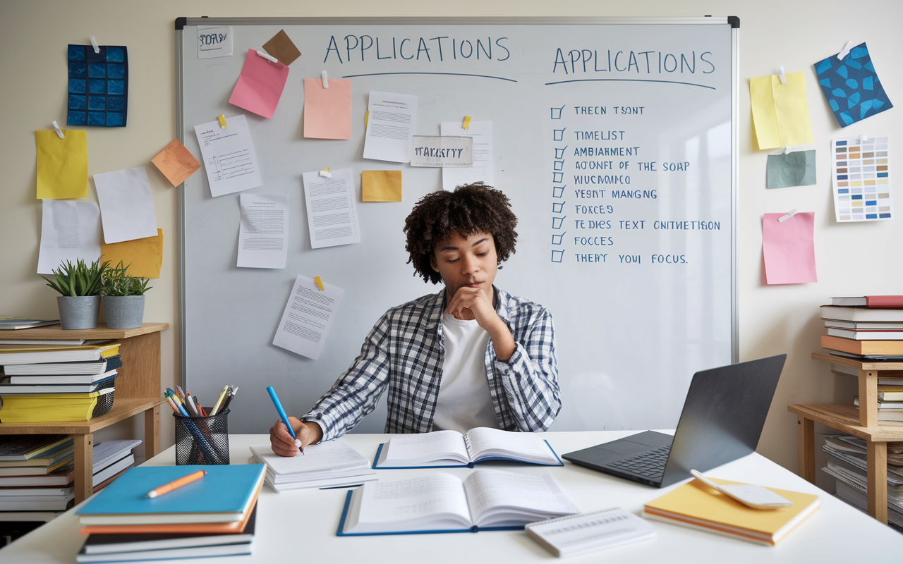 An organized workspace with a large whiteboard filled with notes, applications, timelines, and a checklist for SOAP, showcasing a diligent applicant managing the complexities of the process. The surrounding ambiance is bright and motivating, filled with study aids, creating an environment of preparedness and focus.