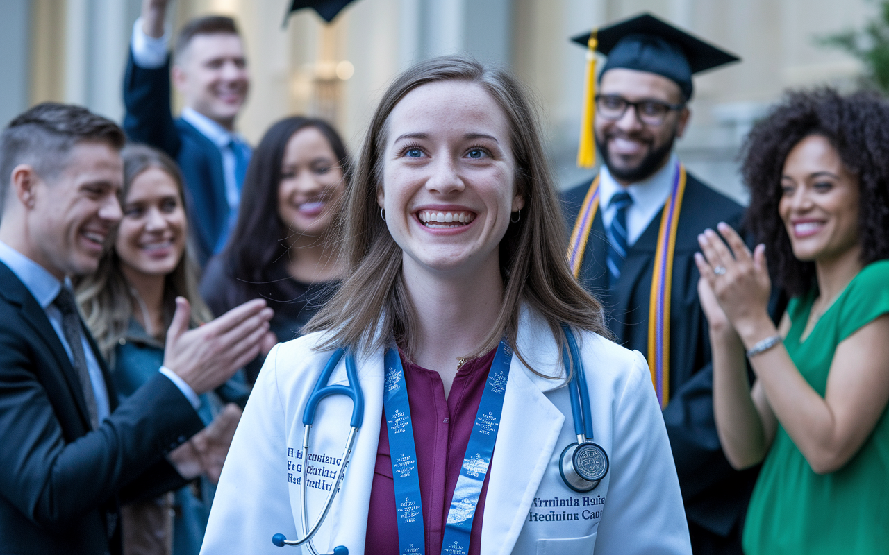 A heartwarming portrayal of Sarah, a successful medical graduate celebrating her acceptance into a primary care residency. The background shows a celebratory gathering with friends and family, reflecting joy and relief. Graduate paraphernalia in the background emphasizes her accomplishment and the significance of determination throughout the SOAP process.